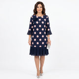 Clara | Vestido Azul Marinho às Bolinhas com Detalhe de Folhos